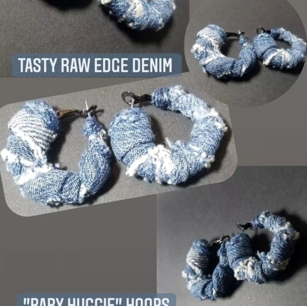 Tasty Raw Edge Denim "Baby Huggie" Hoop Earrings